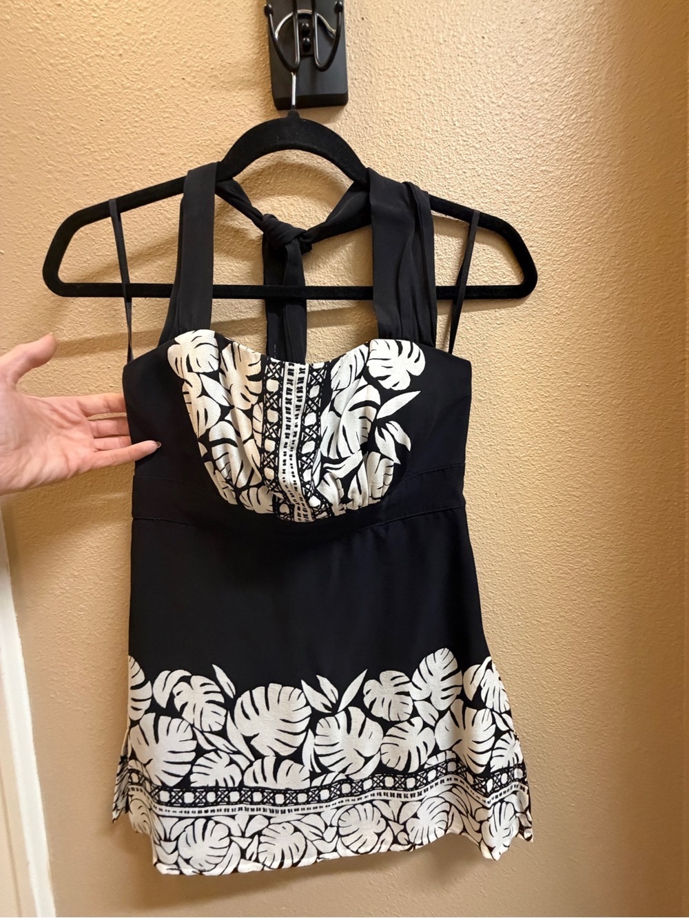 White House Black Market Black Halter Blouse with White Tropical Print